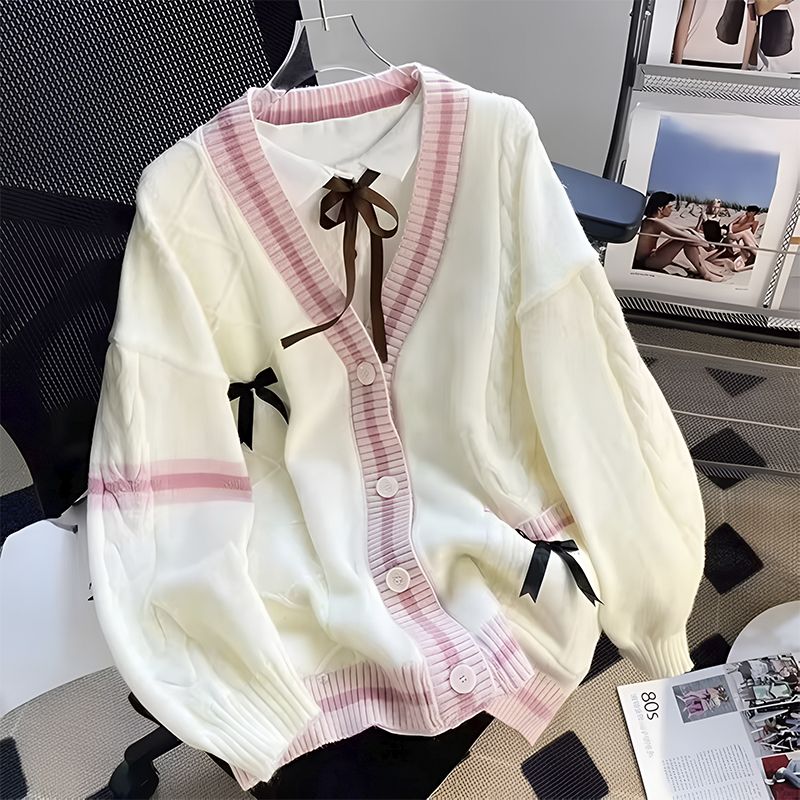 white_Women’s Knitted Cardigan with Bows