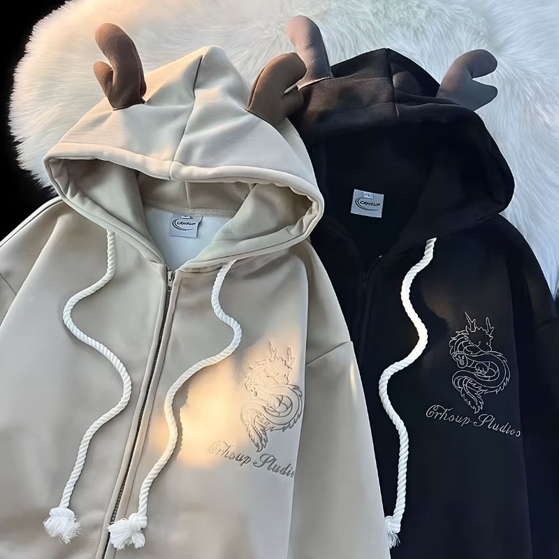 huvtröja herr, drakhoodie, hoodie med horn, lös huvtröja, oversize hoodie