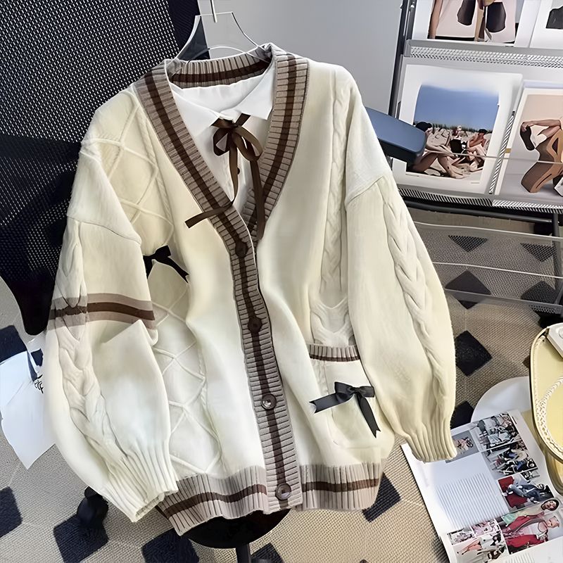 brown_Women’s Knitted Cardigan with Bows