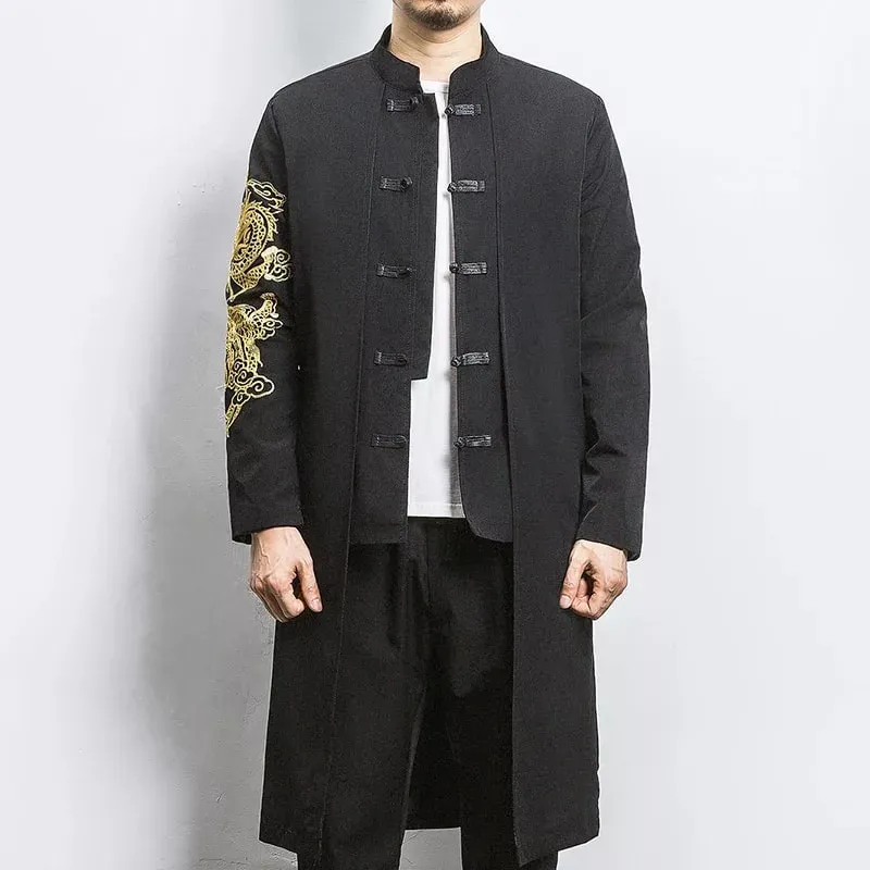 Mens-Chinese-Style-Long-Coat-–-Golden-Dragon-KIMONOMO-1-min