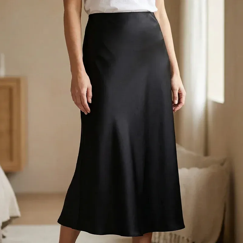 skirt, midi skirt, satin skirt, high waisted skirt