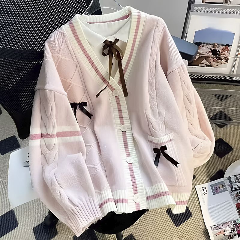 pink_Women’s Knitted Cardigan with Bows