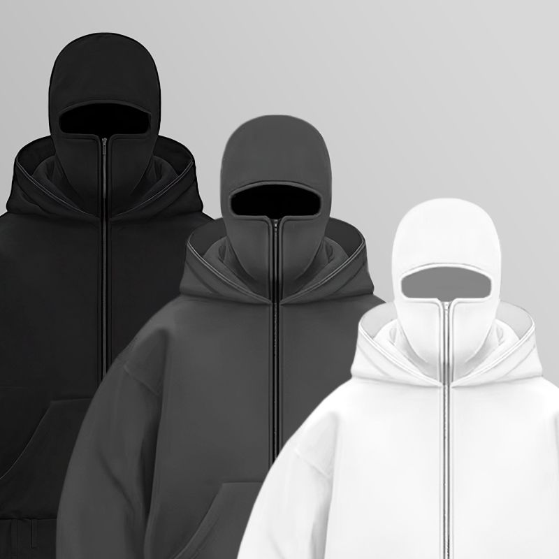 huvtröja med dragkedja, balaklavahuvtröja, huvtröja med mask